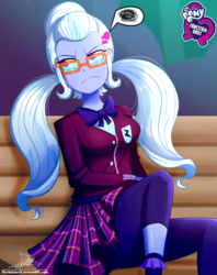 Size: 920x1160 | Tagged: safe, artist:the-butch-x, part of a set, sugarcoat, equestria girls, g4, my little pony equestria girls: friendship games, annoyed, butch's hello, clothes, crystal prep academy uniform, cute, equestria girls logo, female, frown, glasses, grumpy, leggings, pictogram, pigtails, plaid skirt, school uniform, signature, sitting, skirt, solo, sugarcoat is not amused, tsunderecoat, twintails, unamused