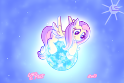 Size: 3220x2158 | Tagged: safe, artist:lars99, fluttershy, pegasus, pony, g4, earth, female, fluttershy day, high res, macro, mare, pony bigger than a planet, protecting, smiling, solo, spread wings, sun, tangible heavenly object, wings