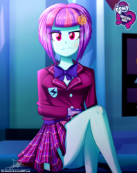 Size: 920x1160 | Tagged: safe, artist:the-butch-x, part of a set, sunny flare, equestria girls, g4, my little pony equestria girls: friendship games, blushing, breasts, butch's hello, clothes, crossed legs, crystal prep academy uniform, cute, equestria girls logo, female, legs, lidded eyes, looking at you, miniskirt, plaid skirt, pleated skirt, raised eyebrow, school uniform, schrödinger's pantsu, scowl, signature, sitting, skirt, skirt lift, solo, sunny flare's wrist devices, thighs, unamused, upskirt denied