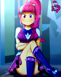 Size: 920x1160 | Tagged: safe, artist:the-butch-x, part of a set, sour sweet, equestria girls, g4, angry, ass, blushing, breasts, busty sour sweet, butch's hello, butt, butt freckles, clothes, covering, crossed arms, crossed legs, crystal prep academy uniform, cute, equestria girls logo, female, freckles, grumpy, high heels, hmph, kneesocks, legs, looking at you, madorable, miniskirt, plaid skirt, pleated skirt, ponytail, pouting, school uniform, schrödinger's pantsu, scrunchy face, shoes, signature, sitting, skirt, skirt lift, socks, solo, sour seat, sour sweet is not amused, sourbetes, thighs, upskirt denied