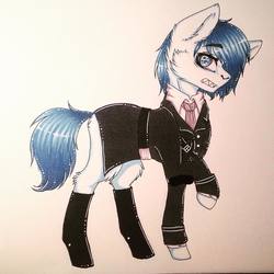 Size: 1080x1080 | Tagged: safe, artist:uglypartyhat, oc, oc only, oc:adam, earth pony, pony, belt, clothes, fangs, necktie, photo, suit, traditional art, uniform