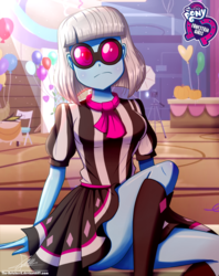 Size: 920x1160 | Tagged: safe, artist:the-butch-x, part of a set, photo finish, equestria girls, balloon, boots, breasts, busty photo finish, butch's hello, canterlot high, clothes, dress, equestria girls logo, female, glasses, legs, looking at you, schrödinger's pantsu, shoes, signature, sitting, skirt, skirt lift, solo, sunglasses, thighs, upskirt denied