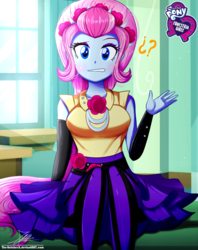 Size: 920x1160 | Tagged: safe, artist:the-butch-x, part of a set, violet blurr, equestria girls, g4, my little pony equestria girls: rainbow rocks, background human, breasts, busty violet blurr, butch's hello, clothes, confused, dress, equestria girls logo, female, looking at you, pantyhose, question mark, sitting, skirt, solo, ¿?