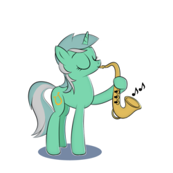 Size: 1000x1000 | Tagged: safe, artist:hardbrony, lyra heartstrings, pony, g4, eyes closed, female, hoof hold, music notes, musical instrument, saxophone, simple background, solo, sticker, transparent background