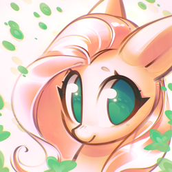 Size: 1200x1200 | Tagged: safe, artist:mirroredsea, fluttershy, pegasus, pony, g4, bust, cute, eyebrows, eyebrows visible through hair, female, head only, mare, no pupils, portrait, shyabetes, smiling, solo