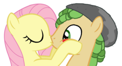 Size: 978x529 | Tagged: safe, artist:3d4d, fluttershy, sandalwood, pony, g4, base used, equestria girls ponified, female, kissing, male, ponified, sandalshy, shipping, straight