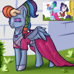 Size: 2000x2000 | Tagged: safe, artist:endelthepegasus, rainbow dash, rarity, pony, g4, sparkle's seven, clothes, comparison, dress, eyes closed, female, high res, mare, megaradash, sadism, solo, spread wings, wings