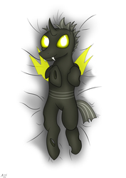Size: 2480x3507 | Tagged: safe, artist:atomfliege, derpibooru exclusive, oc, oc only, oc:warplix, changeling, bed, changeling oc, high res, looking at you, male, yellow changeling