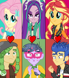 Size: 1280x1440 | Tagged: safe, edit, edited screencap, screencap, aria blaze, flash sentry, fluttershy, micro chips, sandalwood, sunset shimmer, a banner day, equestria girls, g4, my little pony equestria girls: better together, my little pony equestria girls: rainbow rocks, ariachips, female, geode of empathy, geode of fauna, magical geodes, male, sandalshy, ship:flashimmer, shipping, shipping domino, straight
