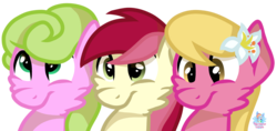 Size: 1648x781 | Tagged: safe, artist:rainbow eevee, daisy, flower wishes, lily, lily valley, roseluck, pony, g4, female, flower trio, looking down, looking up, simple background, transparent background, trio, trio female