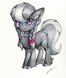 Size: 2063x2429 | Tagged: safe, artist:luxiwind, silver spoon, earth pony, pony, g4, braid, chest fluff, cloven hooves, cute, female, filly, glasses, high res, looking at you, silverbetes, solo, traditional art, unshorn fetlocks