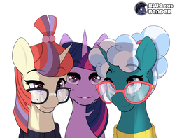 Size: 3800x3000 | Tagged: safe, artist:bluebender, bellflower blurb, moondancer, twilight sparkle, alicorn, pony, unicorn, g4, the point of no return, book, cute, female, glasses, heart eyes, high res, librarian, looking at you, mare, ponytail, shadow, silly, simple background, smiling, text, twilight sparkle (alicorn), white background, wingding eyes