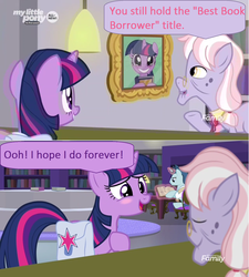 Size: 1366x1518 | Tagged: safe, edit, edited screencap, screencap, dusty pages, polo play, twilight sparkle, alicorn, pony, unicorn, g4, season 9, the point of no return, blushing, comic, dialogue, elderly, las pegasus resident, librarian, library, picture, picture frame, reading, saddle bag, screencap comic, twilight sparkle (alicorn), unicorn twilight