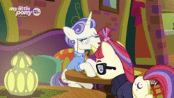 Size: 1920x1080 | Tagged: safe, screencap, first folio, moondancer, pony, g4, the point of no return, animated, animation error, butt, clothes, discovery family logo, female, glasses, no sound, plot, shirt, table, the tasty treat, webm