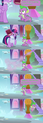 Size: 1360x3838 | Tagged: safe, edited screencap, screencap, spike, twilight sparkle, alicorn, dragon, pony, g4, the point of no return, book, claws, comic, dialogue, flying, levitation, magic, saddle bag, screencap comic, takeoff, telekinesis, twilight sparkle (alicorn), waterfall, winged spike, wings