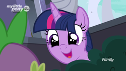 Size: 1366x768 | Tagged: safe, screencap, spike, twilight sparkle, alicorn, dragon, pony, g4, the point of no return, bush, bushicorn, cute, daaaaaaaaaaaw, discovery family logo, female, hiding, male, mare, smiling, twiabetes, twilight bushel, twilight sparkle (alicorn)