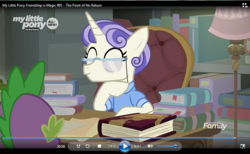 Size: 843x520 | Tagged: safe, screencap, first folio, spike, dragon, pony, unicorn, g4, the point of no return, book, canterlot library, clothes, discovery family logo, eyes closed, glasses, shirt, smiling, solo focus, table, windows media player, winged spike, wings