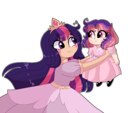 Size: 1280x1132 | Tagged: dead source, safe, artist:moon-rose-rosie, twilight sparkle, oc, oc:celestial moon, human, g4, baby, clothes, dress, duo, female, humanized, magical lesbian spawn, mother and daughter, offspring, parent:rainbow dash, parent:twilight sparkle, parents:twidash, simple background, transparent background
