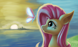 Size: 5210x3159 | Tagged: safe, artist:tyf2213, fluttershy, butterfly, pony, g4, female, fluttershy day, looking at something, looking up, mare, ocean, outdoors, profile, smiling, solo, sunrise, sunset, water