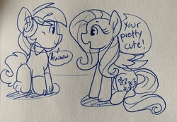 Size: 3186x2206 | Tagged: safe, artist:rainbow eevee, fluttershy, oc, oc:dcbud, marmot, pegasus, pony, g4, bowtie, clothes, cute, duo, grammar error, high res, interview, sketch, traditional art
