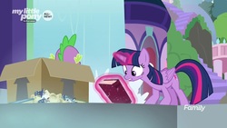 Size: 1920x1080 | Tagged: safe, screencap, spike, twilight sparkle, alicorn, pony, g4, the point of no return, book, box, magic, package, twilight sparkle (alicorn), waterfall