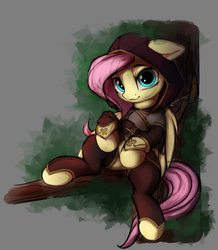 Size: 1069x1224 | Tagged: safe, artist:hitbass, part of a set, fluttershy, pegasus, pony, g4, :3, badass, badass adorable, bow (weapon), clothes, cute, fantasy class, female, flutterbadass, hood, hooded cape, leaning, leaning back, looking at you, mare, part of a series, ranger, shyabetes, sitting, solo, three quarter view, tree, tree branch, weapon, wings, zettai ryouiki