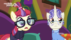 Size: 1366x768 | Tagged: safe, screencap, first folio, moondancer, pony, g4, the point of no return, couch, glasses, pillow, the tasty treat