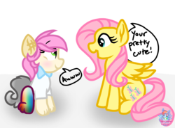 Size: 1189x875 | Tagged: safe, artist:rainbow eevee, fluttershy, oc, oc:dcbud, marmot, g4, blushing, bowtie, clothes, cute, duo, female, interview, simple background, text