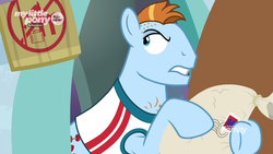 Size: 1366x768 | Tagged: safe, screencap, power jerk, earth pony, pony, g4, the point of no return, angry, discovery family logo, mailbag, male, sign, solo, stallion