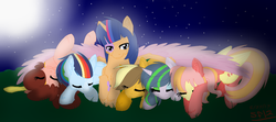 Size: 1282x570 | Tagged: safe, artist:happyspoon, artist:segafan12, oc, oc only, alicorn, dracony, hybrid, pony, alicorn oc, base used, coat splotch, female, interspecies offspring, male, next generation, offspring, parent:applejack, parent:big macintosh, parent:caramel, parent:cheese sandwich, parent:flash sentry, parent:fluttershy, parent:pinkie pie, parent:rainbow dash, parent:rarity, parent:soarin', parent:spike, parent:twilight sparkle, parents:carajack, parents:cheesepie, parents:flashlight, parents:fluttermac, parents:soarindash, parents:sparity, sleeping, two toned wings, wing blanket