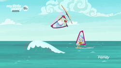 Size: 1366x768 | Tagged: safe, screencap, pony, g4, the point of no return, discovery family logo, elderly, ocean, sailing, stunt, surfing, wave