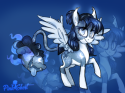 Size: 2660x1984 | Tagged: safe, artist:lilpinkghost, oc, oc only, original species, pegasus, pony, blue, coat markings, commission, female, light, long hair, mare, mexico, moon, raised hoof, socks (coat markings), zoom layer
