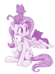 Size: 945x1280 | Tagged: safe, artist:dstears, fluttershy, cat, pegasus, pony, g4, berlioz, cute, disney, female, kitten, mare, marie, monochrome, shyabetes, solo, the aristocats, toulouse