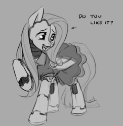 Size: 967x995 | Tagged: artist needed, safe, fluttershy, pegasus, pony, robot, robot pony, g4, 4chan, clothes, dialogue, dress, female, flutterbot, gray background, grayscale, monochrome, open mouth, raised hoof, simple background, smiling, solo, the pony machine learning project