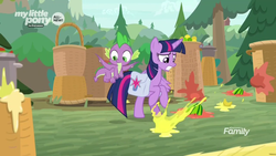 Size: 1366x768 | Tagged: safe, screencap, spike, twilight sparkle, alicorn, dragon, pony, g4, the point of no return, discovery family logo, flying, food fight, fruit, saddle bag, splatter, twilight sparkle (alicorn), winged spike, wings