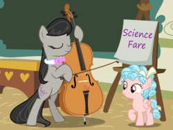 Size: 933x700 | Tagged: safe, artist:birdco, artist:hendro107, artist:soriokink, edit, cozy glow, octavia melody, pegasus, pony, g4, bow (instrument), cello, cover art, eyes closed, female, filly, freckles, musical instrument, pun, school