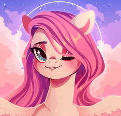Size: 1024x985 | Tagged: safe, artist:natalia-beaver, fluttershy, pony, g4, blushing, cloud, female, halo, one eye closed, signature, smiling, solo, spread wings, wings, wink