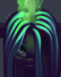 Size: 1600x2011 | Tagged: safe, artist:natalia-beaver, queen chrysalis, changeling, changeling queen, g4, bust, fangs, female, glowing horn, hair over one eye, horn, portrait, signature, solo
