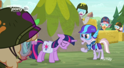 Size: 1366x746 | Tagged: safe, screencap, dusty pages, spike, twilight sparkle, alicorn, pony, g4, the point of no return, ashamed, body armor, gasp, goggles, hay bale, head down, helmet, protection, sad, saddle bag, safety goggles, shocked, twilight sparkle (alicorn)