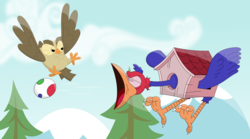 Size: 3539x1973 | Tagged: safe, artist:porygon2z, owlowiscious, bird, owl, g4, boss battle, crossover, cuphead, egg, studio mdhr, wally warbles