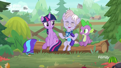 Size: 1366x768 | Tagged: safe, screencap, dusty pages, spike, twilight sparkle, alicorn, dragon, the point of no return, bandana, discovery family logo, elderly, fanny pack, grass, log, outdoors, sitting, tree, twilight sparkle (alicorn), who cares, winged spike, wings