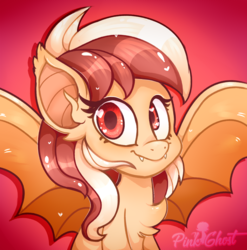 Size: 2090x2117 | Tagged: safe, artist:lilpinkghost, oc, oc:delicatezza, bat pony, pony, bat pony oc, bat wings, commission, cute, female, high res, icon, mare, red background, red eyes, simple background, spread wings, wings