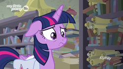 Size: 1366x768 | Tagged: safe, screencap, twilight sparkle, alicorn, pony, g4, the point of no return, book, bookshelf, nervous, saddle bag, scroll, sweat, twilight sparkle (alicorn)