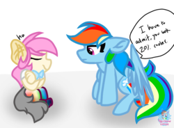 Size: 1189x875 | Tagged: safe, artist:rainbow eevee, rainbow dash, oc, oc:dcbud, marmot, pegasus, pony, g4, crossed arms, duo, female, interview, simple background, text