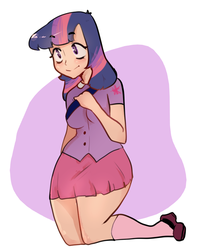 Size: 640x770 | Tagged: safe, artist:ampbatross, twilight sparkle, human, g4, abstract background, clothes, cute, female, full body, humanized, kneeling, miniskirt, moe, shoes, skirt, socks, solo, thighs, twiabetes
