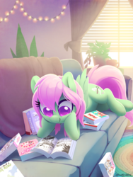 Size: 1668x2224 | Tagged: safe, artist:dawnfire, oc, oc only, oc:spectral wind, pegasus, pony, book, commission, couch, cute, female, manga, mare, ocbetes, reading, smiling, solo