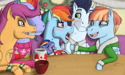Size: 1280x768 | Tagged: safe, artist:azurllinate, bow hothoof, rainbow dash, scootaloo, soarin', windy whistles, oc, oc:azure sprint, pegasus, pony, g4, ankle cuffs, baby, candy, candy cane, chocolate, clothes, colt, cuffs, dining room, embarrassed, excited, female, flustered, foal, food, futurehooves, garland, green eyes, group, hearth's warming, hoers, holding a pony, hot chocolate, male, mother and son, mug, multicolored hair, necktie, next gen:futurehooves, offspring, older, older scootaloo, parent:rainbow dash, parent:soarin', parents:soarindash, pegasus oc, pointing, ponytail, purple eyes, robe, ship:soarindash, shipping, smiling, story included, straight, sweater, wreath, yelling