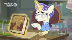 Size: 1366x768 | Tagged: safe, screencap, first folio, pony, g4, the point of no return, book, chair, desk, disgusted, glasses, levitation, magic, magic aura, messy, scroll, sitting, stain, telekinesis, written equestrian