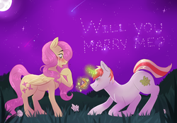 Size: 3720x2609 | Tagged: safe, artist:spazzyhippie, fluttershy, oc, oc:lucky charm, pegasus, pony, unicorn, g4, canon x oc, crying, cute, duo, female, flucky, high res, kneeling, levitation, magic, male, mare, marriage proposal, night, outdoors, ring, romantic, shipping, stallion, stars, straight, tears of joy, telekinesis