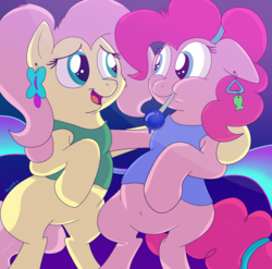Size: 2647x2615 | Tagged: safe, artist:rupert, fluttershy, pinkie pie, earth pony, pegasus, pony, g4, 80s, belly button, bipedal, bottomless, candy, chubby, clothes, cute, ear piercing, earring, female, food, hairband, high res, jewelry, lesbian, lollipop, mare, partial nudity, piercing, ship:flutterpie, shipping